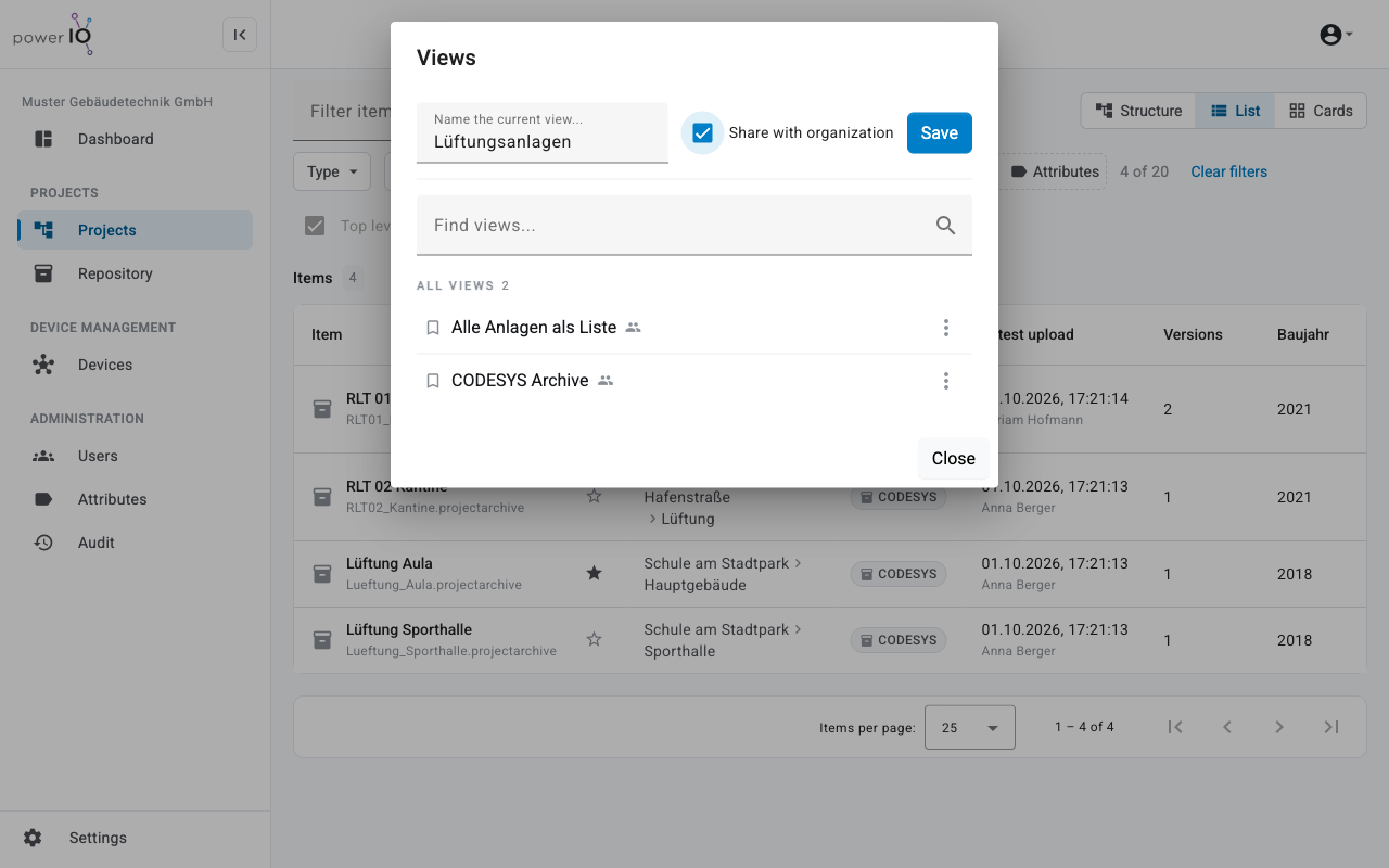 Dialog Views mit dem Namen Lüftungsanlagen, aktiver Option Share with organization und zwei vorhandenen Views