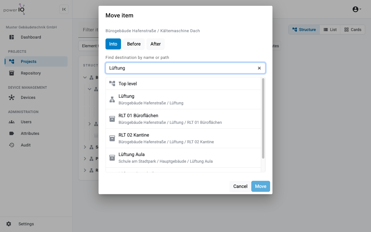 Dialog Move item mit der Suche nach Lüftung und den Optionen Into, Before und After