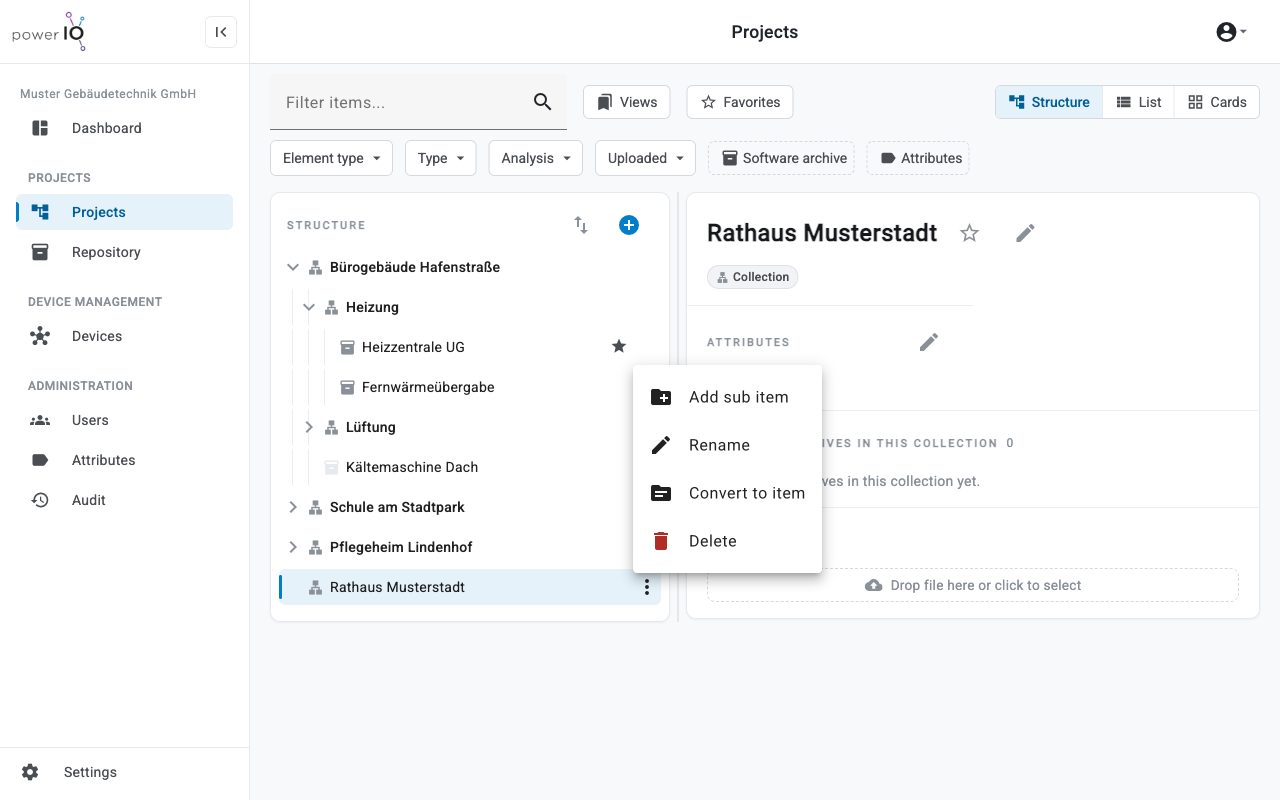 Kontextmenü eines Projekts mit den Einträgen Add sub item, Rename, Convert to item und Delete