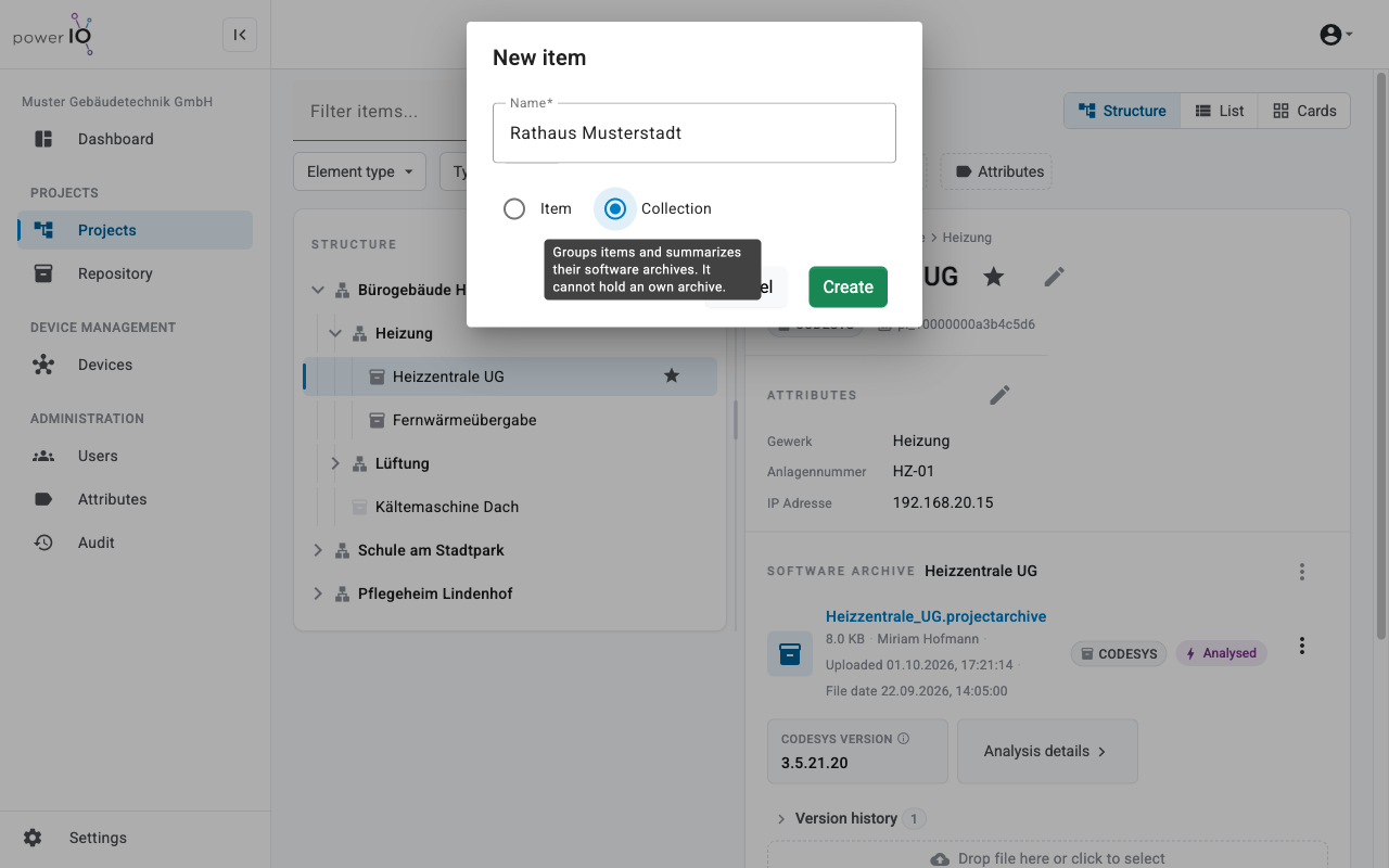 Dialog New item mit dem Namen Rathaus Musterstadt und dem gewählten Typ Collection