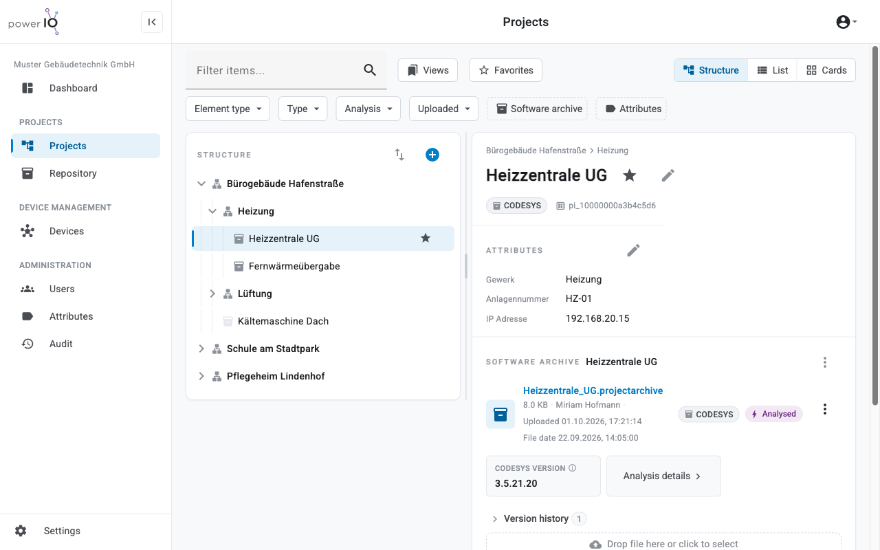 Bereich Projects mit dem Projektbaum links und den Details des Items Heizzentrale UG rechts
