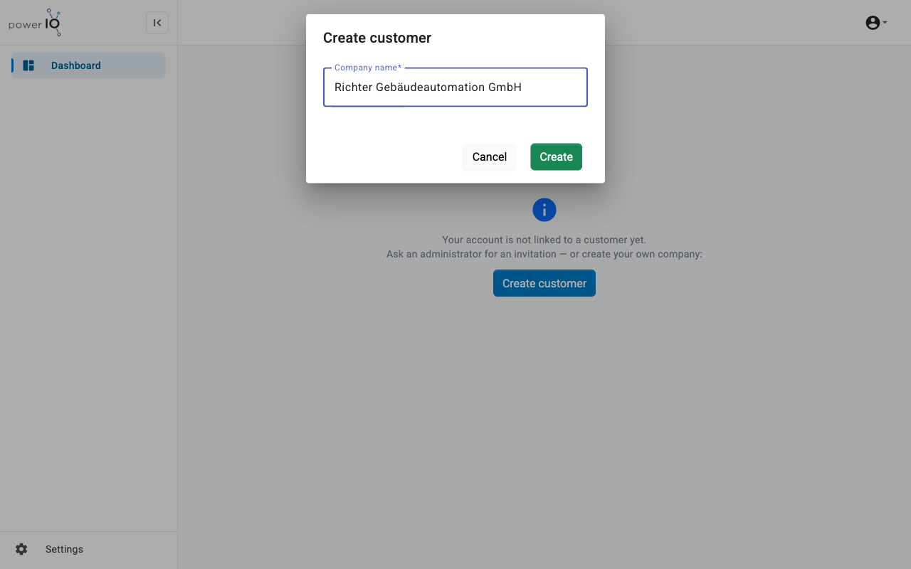 Dialog Create customer mit dem Firmennamen Richter Gebäudeautomation GmbH