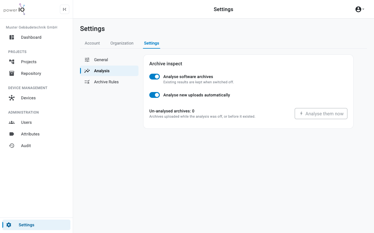 Bereich Analysis mit den Schaltern Analyse software archives und Analyse new uploads automatically und dem Button Analyse them now