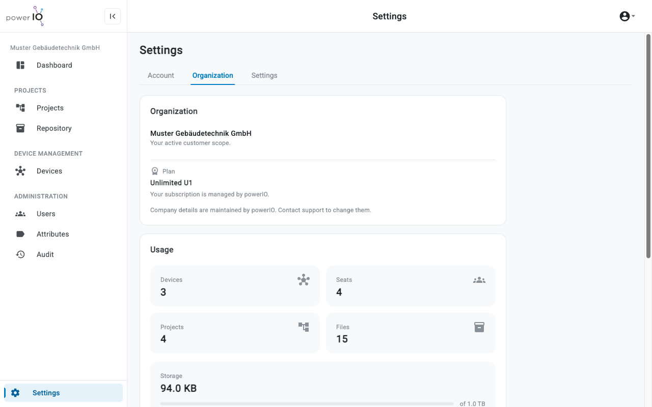 Tab Organization mit dem Tarif Unlimited U1, der Nutzung für Devices, Seats, Projects, Files und Storage und den Links unter Manage