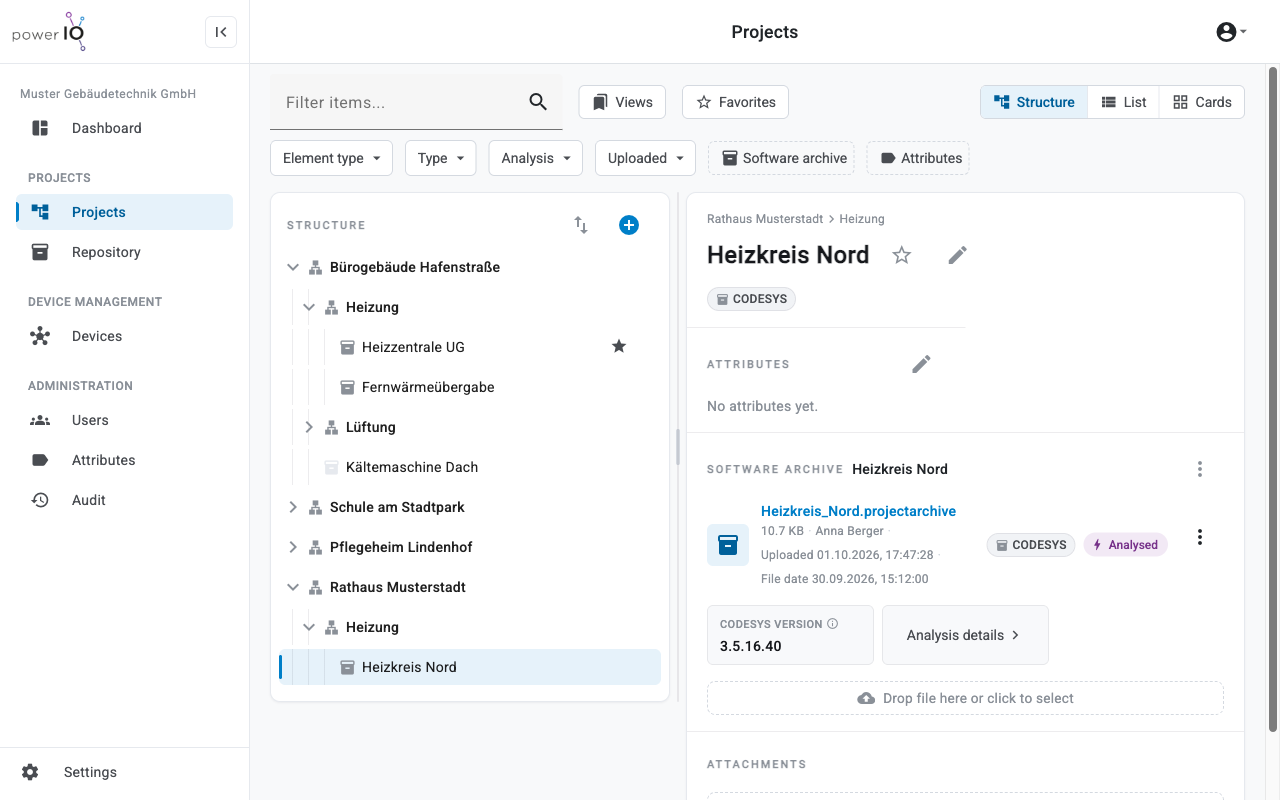 Item Heizkreis Nord mit hochgeladenem CODESYS Archiv im Status Analysed und der CODESYS Version