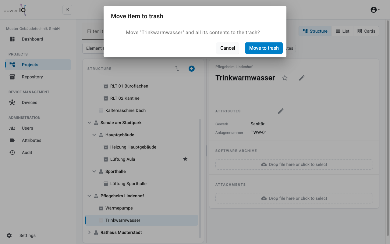 Dialog Move item to trash mit der Frage, ob Trinkwarmwasser mit allen Inhalten in den Papierkorb soll