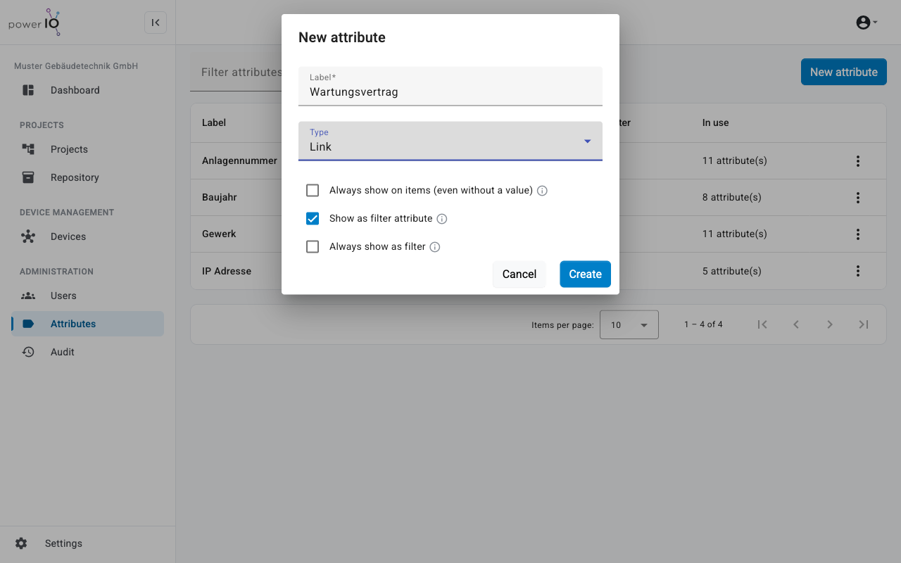 Dialog New attribute mit dem Label Wartungsvertrag, dem Typ Link und der aktiven Option Show as filter attribute
