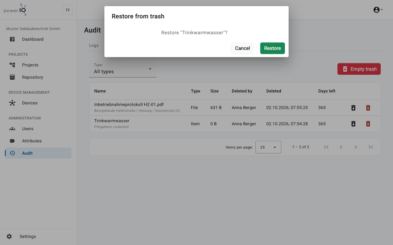 Dialog Restore from trash mit der Frage, ob Trinkwarmwasser wiederhergestellt werden soll