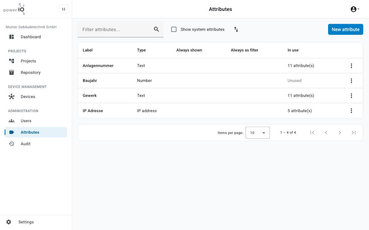 Bereich Attributes mit den Attributen Anlagennummer, Baujahr, Gewerk und IP Adresse